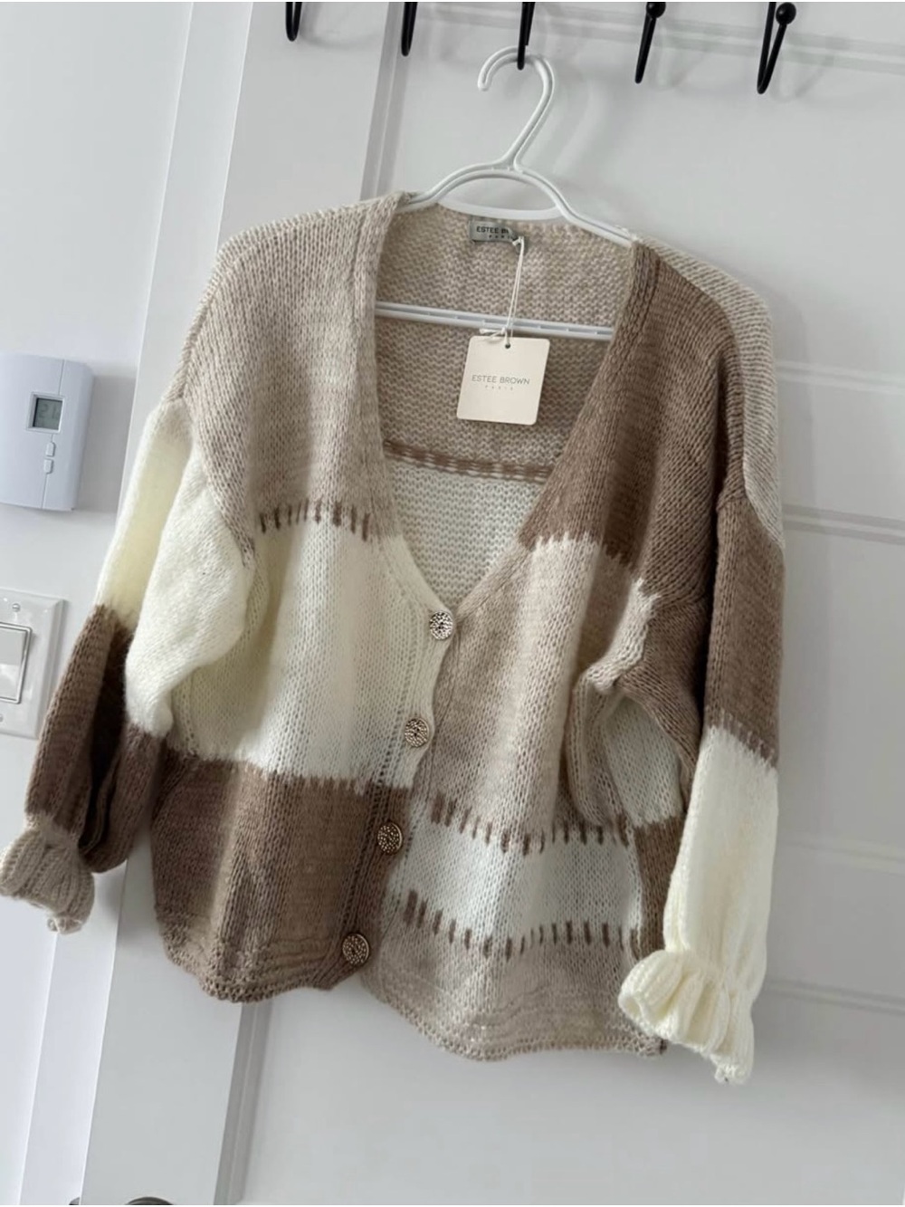 Colorblock Knit Cardigan - Cream & Brown